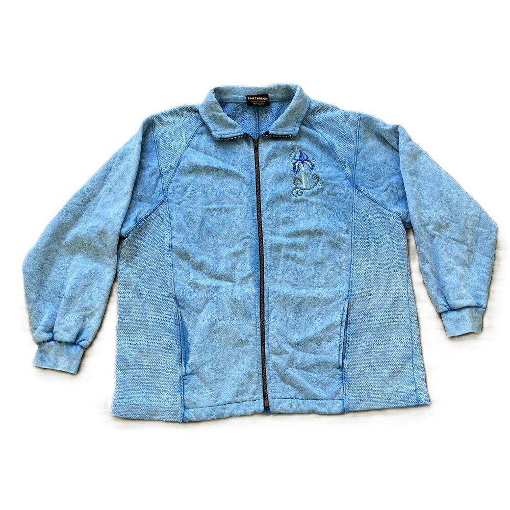 Fine Threads Cotton Fleece ZipUp Jacket Blue Tie Dye Vintage Y2K Iris Embroidery